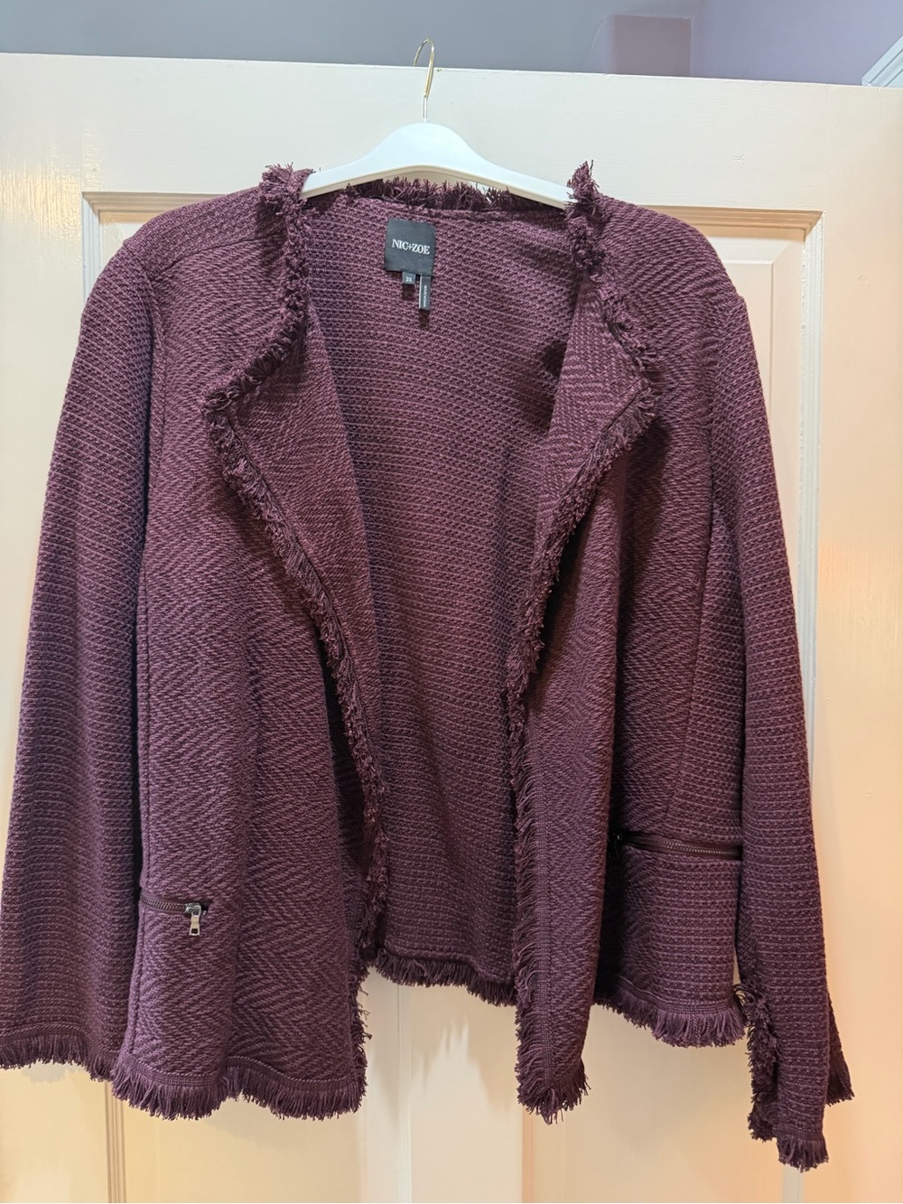 NWT NIC+ZOE Fancy Fringe Jacket 2X Winterberry Purple Open Front $198 Retail